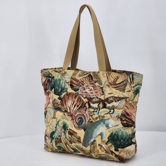 Vintage Sea Creature Tapestry Shopper Tote Bag Ocean Dolphin Turtle Shells - Picture 2 of 11